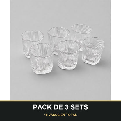 PACK DE 3 SETS — Set de 6 Vasos Bajos de Cristal con Diseño Ondulado – Elegantes y Modernos. 18 VASOS EN TOTAL