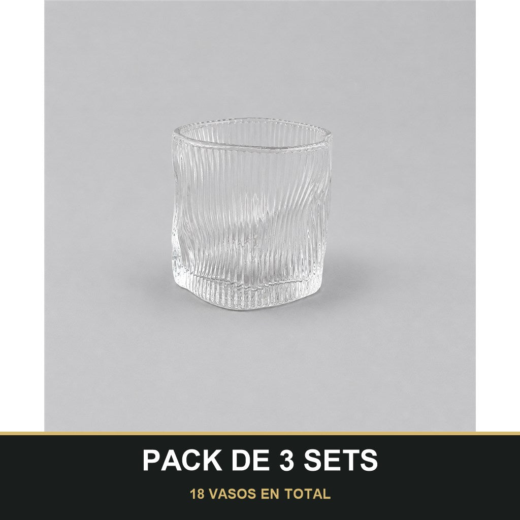 PACK DE 3 SETS — Set de 6 Vasos Bajos de Cristal con Diseño Ondulado – Elegantes y Modernos. 18 VASOS EN TOTAL