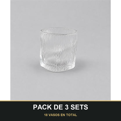 PACK DE 3 SETS — Set de 6 Vasos Bajos de Cristal con Diseño Ondulado – Elegantes y Modernos. 18 VASOS EN TOTAL