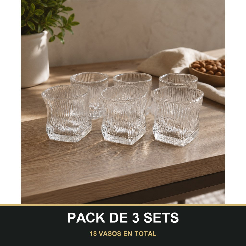 PACK DE 3 SETS — Set de 6 Vasos Bajos de Cristal con Diseño Ondulado – Elegantes y Modernos. 18 VASOS EN TOTAL