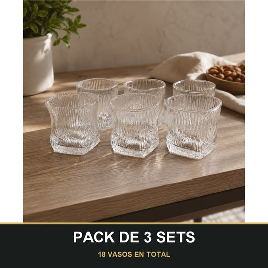PACK DE 3 SETS — Set de 6 Vasos Bajos de Cristal con Diseño Ondulado – Elegantes y Modernos. 18 VASOS EN TOTAL