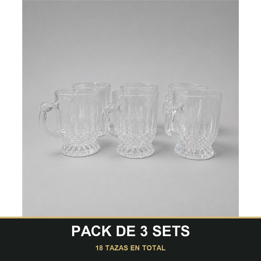 PACK DE 3 SETS — Set de 6 Tazas de Vidrio Transparente con Relieve Elegante. 18 TAZAS EN TOTAL