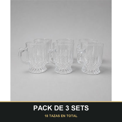 PACK DE 3 SETS — Set de 6 Tazas de Vidrio Transparente con Relieve Elegante. 18 TAZAS EN TOTAL