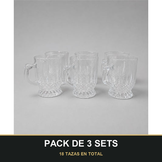 PACK DE 3 SETS — Set de 6 Tazas de Vidrio Transparente con Relieve Elegante. 18 TAZAS EN TOTAL