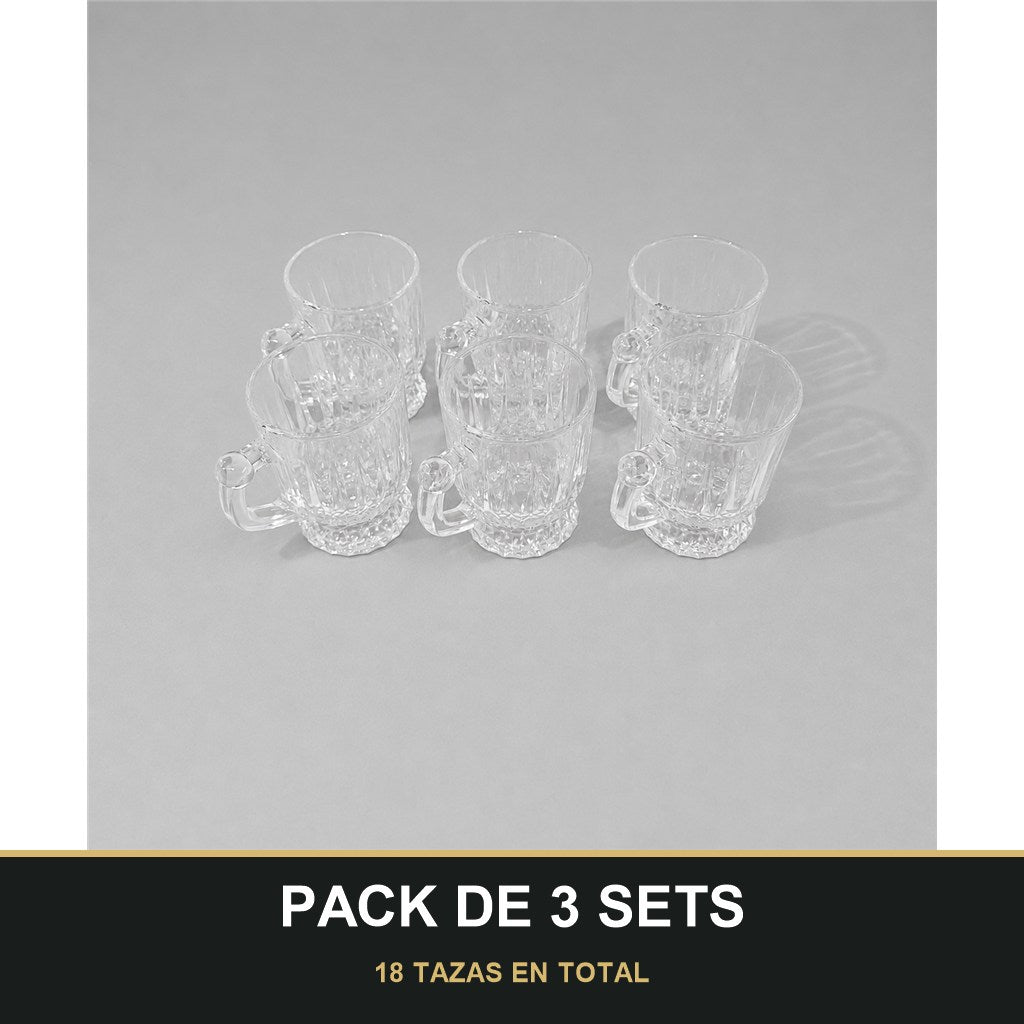 PACK DE 3 SETS — Set de 6 Tazas de Vidrio Transparente con Relieve Elegante. 18 TAZAS EN TOTAL