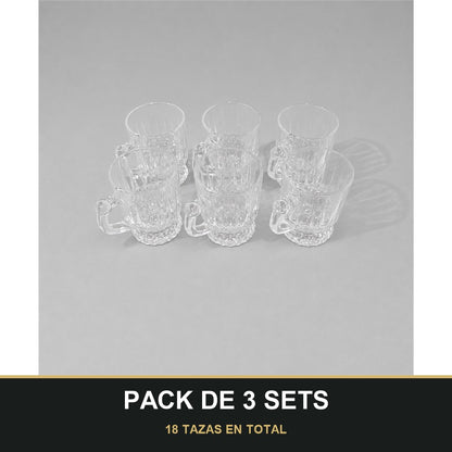 PACK DE 3 SETS — Set de 6 Tazas de Vidrio Transparente con Relieve Elegante. 18 TAZAS EN TOTAL