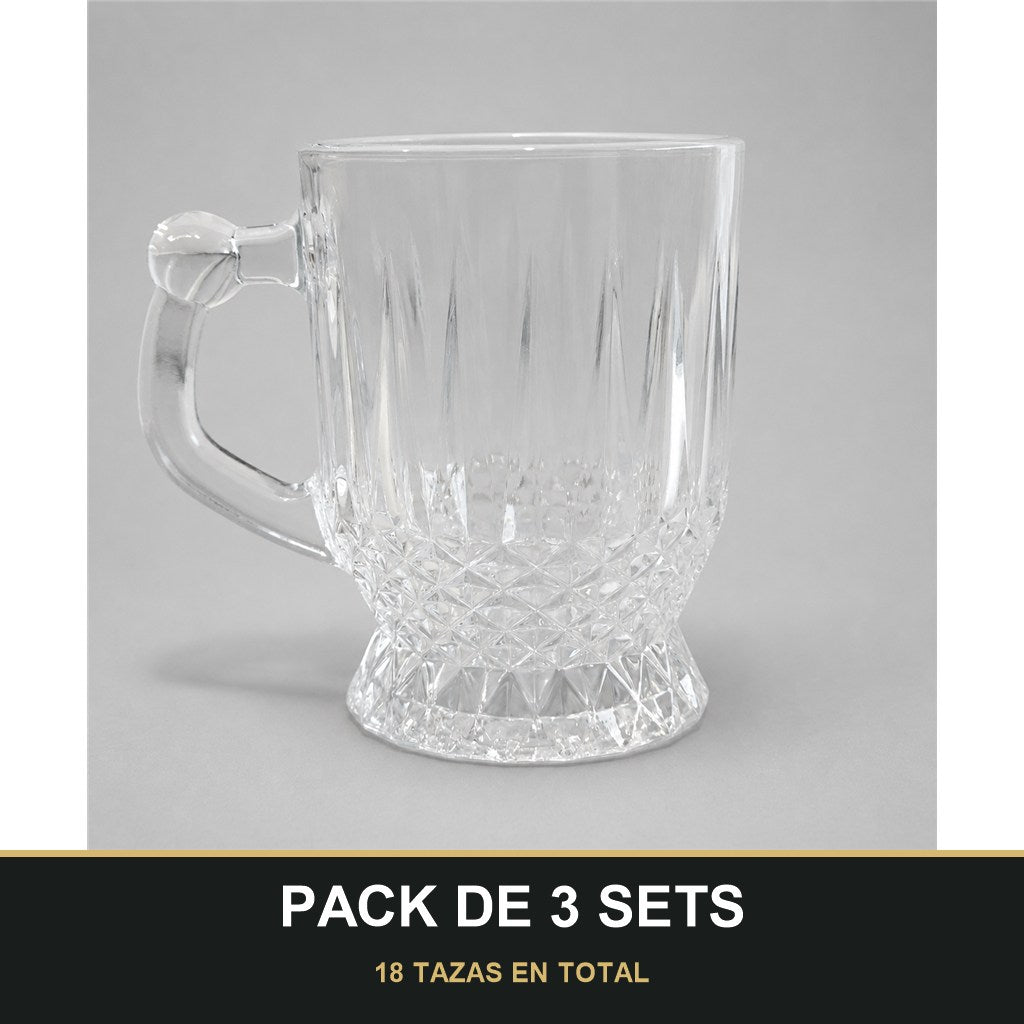 PACK DE 3 SETS — Set de 6 Tazas de Vidrio Transparente con Relieve Elegante. 18 TAZAS EN TOTAL