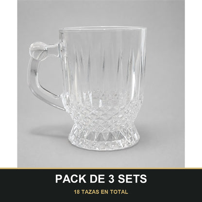 PACK DE 3 SETS — Set de 6 Tazas de Vidrio Transparente con Relieve Elegante. 18 TAZAS EN TOTAL