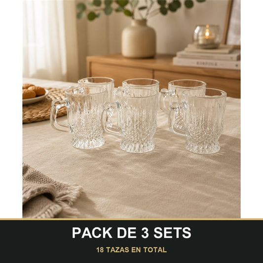 PACK DE 3 SETS — Set de 6 Tazas de Vidrio Transparente con Relieve Elegante. 18 TAZAS EN TOTAL