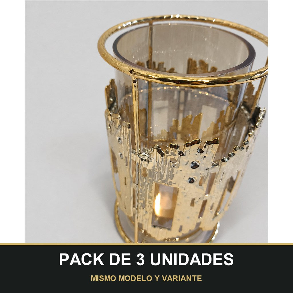 PACK DE 3 UNIDADES — Portavelas Decorativo de Cristal con Soporte Dorado 🕯️✨ - 22cm. MISMO MODELO Y VARIANTE