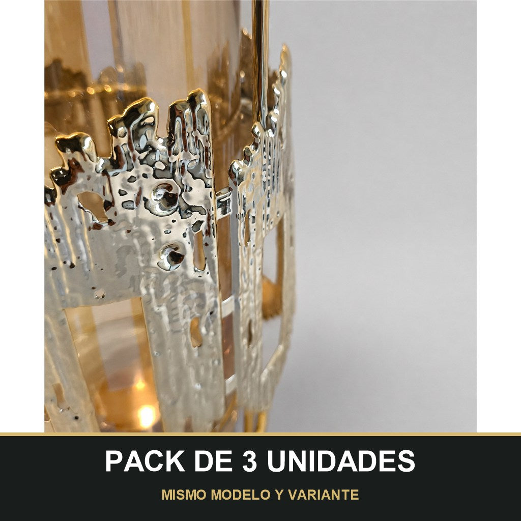 PACK DE 3 UNIDADES — Portavelas Decorativo de Cristal con Soporte Dorado 🕯️✨ - 22cm. MISMO MODELO Y VARIANTE