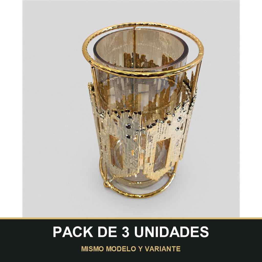 PACK DE 3 UNIDADES — Portavelas Decorativo de Cristal con Soporte Dorado 🕯️✨ - 22cm. MISMO MODELO Y VARIANTE