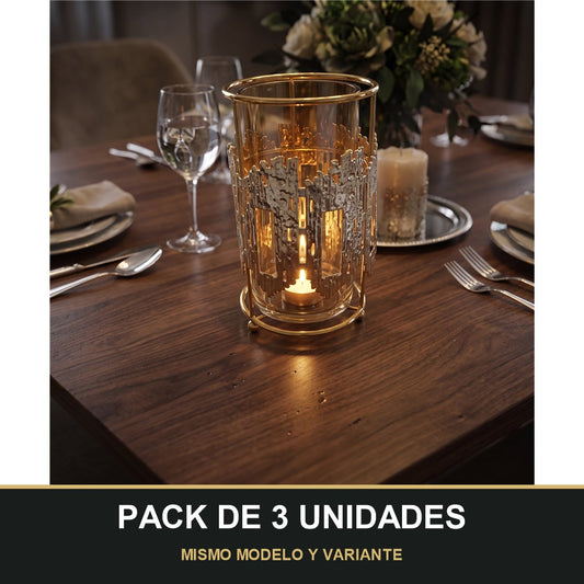 PACK DE 3 UNIDADES — Portavelas Decorativo de Cristal con Soporte Dorado 🕯️✨ - 22cm. MISMO MODELO Y VARIANTE