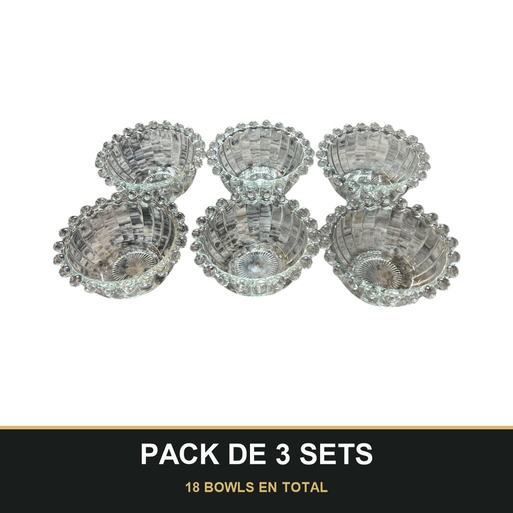 PACK DE 3 SETS — Set de 6 bowls de vidrio transparente de 10 cm con diseño de burbujas. 18 BOWLS EN TOTAL