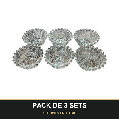 PACK DE 3 SETS — Set de 6 bowls de vidrio transparente de 10 cm con diseño de burbujas. 18 BOWLS EN TOTAL