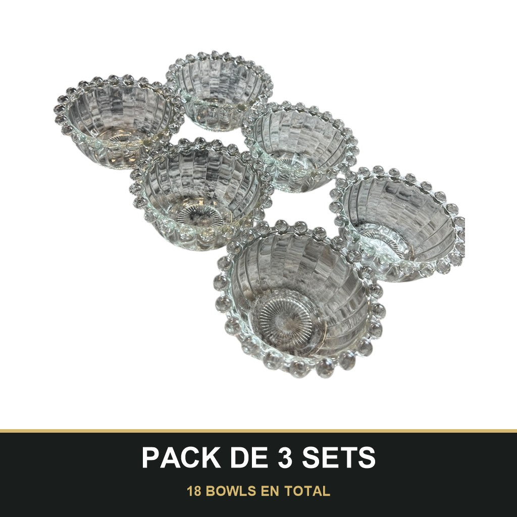 PACK DE 3 SETS — Set de 6 bowls de vidrio transparente de 10 cm con diseño de burbujas. 18 BOWLS EN TOTAL