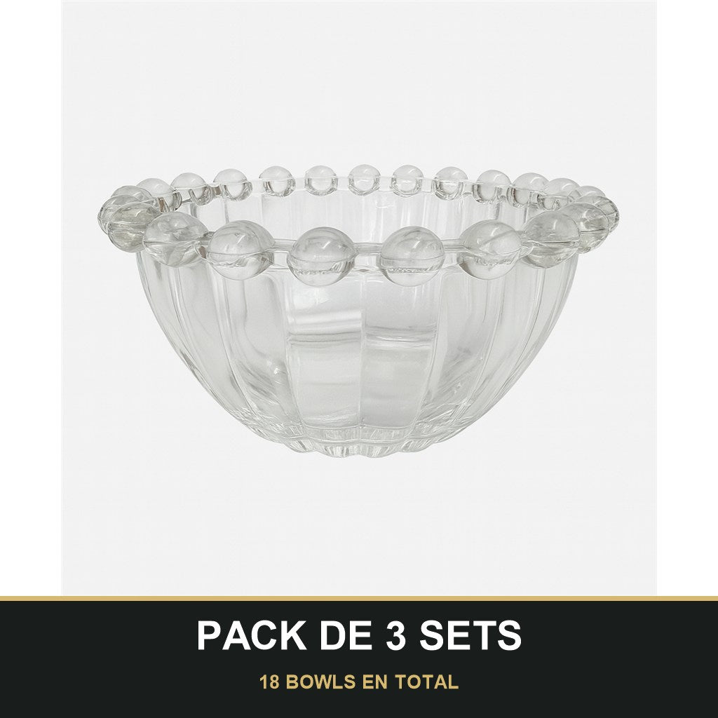 PACK DE 3 SETS — Set de 6 bowls de vidrio transparente de 10 cm con diseño de burbujas. 18 BOWLS EN TOTAL