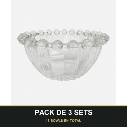 PACK DE 3 SETS — Set de 6 bowls de vidrio transparente de 10 cm con diseño de burbujas. 18 BOWLS EN TOTAL