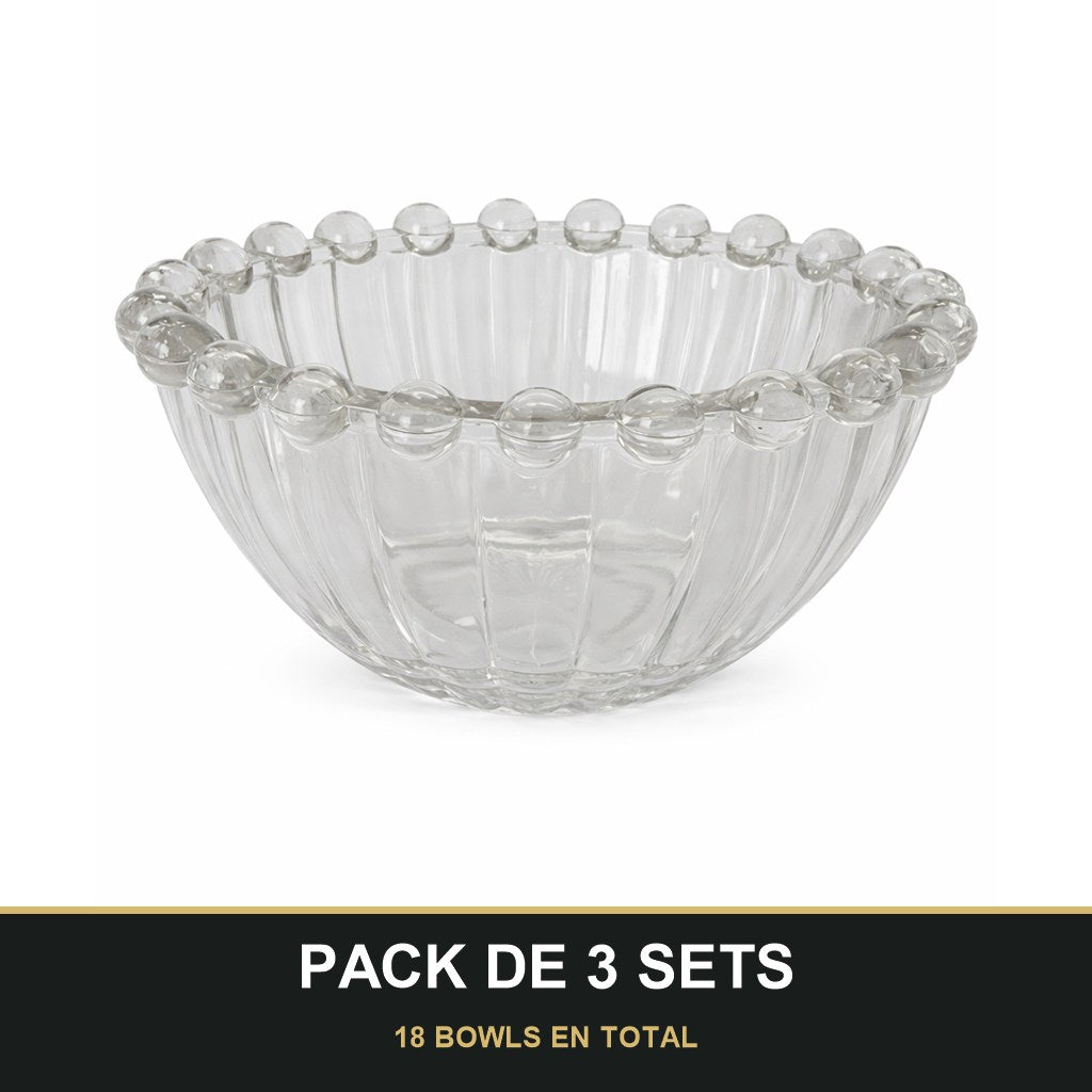 PACK DE 3 SETS — Set de 6 bowls de vidrio transparente de 10 cm con diseño de burbujas. 18 BOWLS EN TOTAL