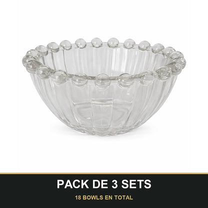 PACK DE 3 SETS — Set de 6 bowls de vidrio transparente de 10 cm con diseño de burbujas. 18 BOWLS EN TOTAL