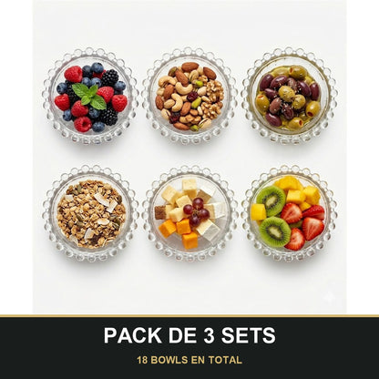 PACK DE 3 SETS — Set de 6 bowls de vidrio transparente de 10 cm con diseño de burbujas. 18 BOWLS EN TOTAL