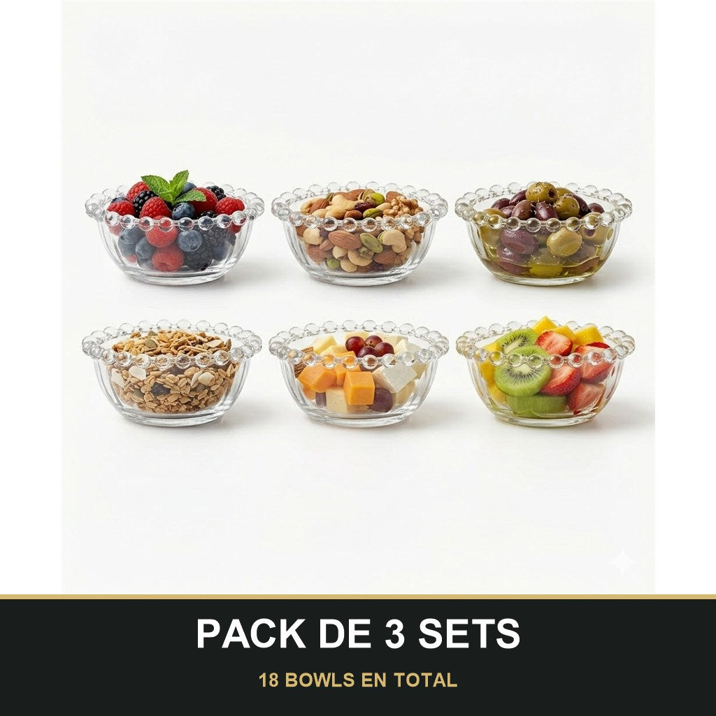 PACK DE 3 SETS — Set de 6 bowls de vidrio transparente de 10 cm con diseño de burbujas. 18 BOWLS EN TOTAL