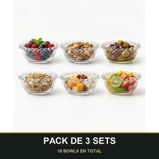 PACK DE 3 SETS — Set de 6 bowls de vidrio transparente de 10 cm con diseño de burbujas. 18 BOWLS EN TOTAL