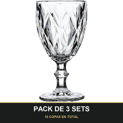 PACK DE 3 SETS — Set de 6 Copas de Vidrio con Diseño Tallado – 330 ml. 18 COPAS EN TOTAL