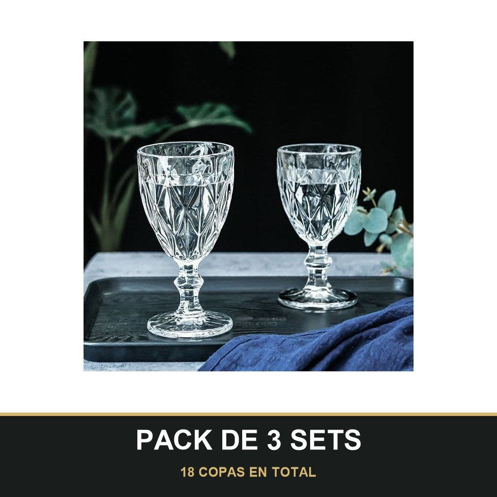 PACK DE 3 SETS — Set de 6 Copas de Vidrio con Diseño Tallado – 330 ml. 18 COPAS EN TOTAL