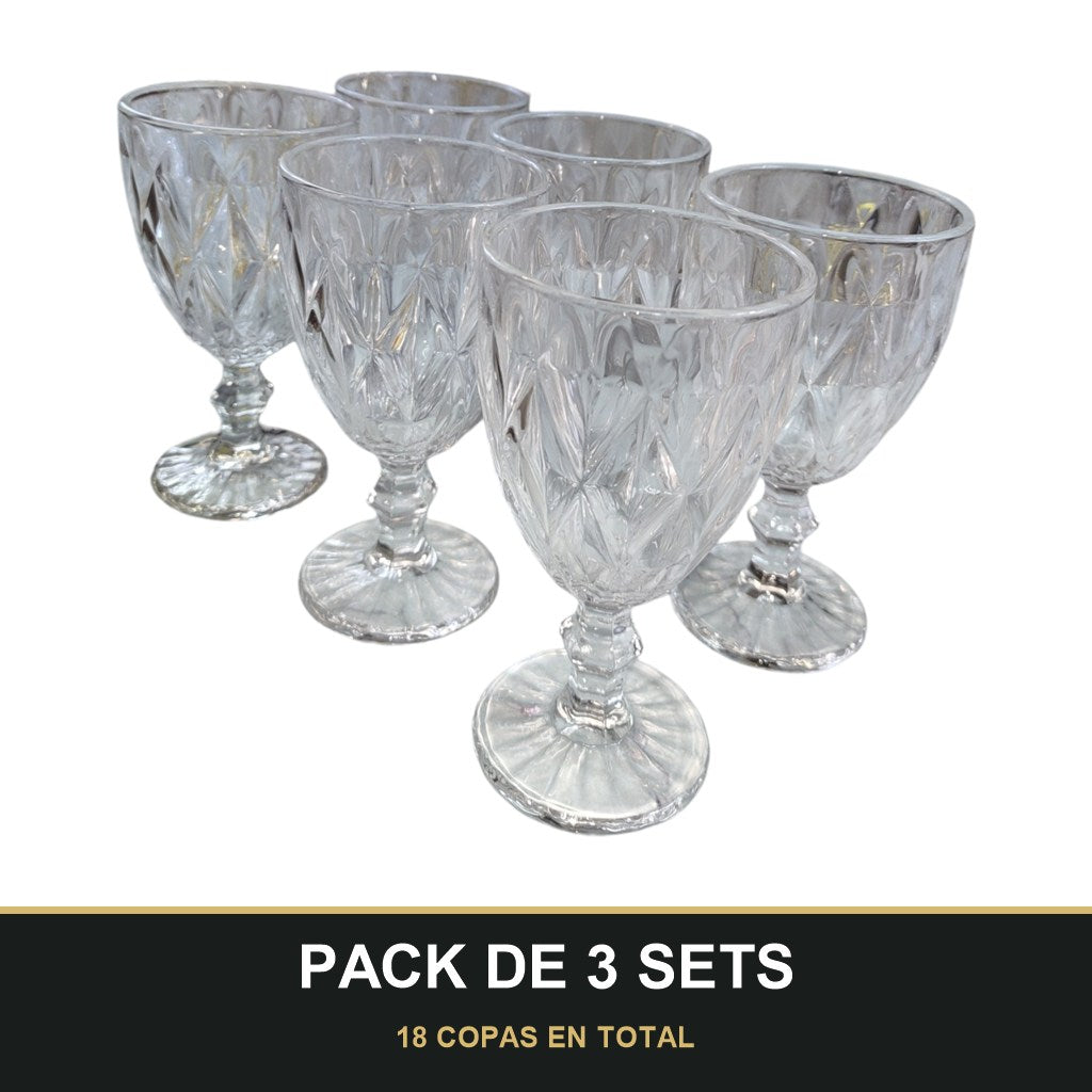 PACK DE 3 SETS — Set de 6 Copas de Vidrio con Diseño Tallado – 330 ml. 18 COPAS EN TOTAL