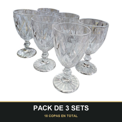 PACK DE 3 SETS — Set de 6 Copas de Vidrio con Diseño Tallado – 330 ml. 18 COPAS EN TOTAL