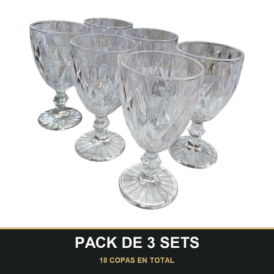 PACK DE 3 SETS — Set de 6 Copas de Vidrio con Diseño Tallado – 330 ml. 18 COPAS EN TOTAL