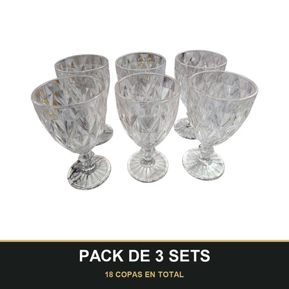 PACK DE 3 SETS — Set de 6 Copas de Vidrio con Diseño Tallado – 330 ml. 18 COPAS EN TOTAL