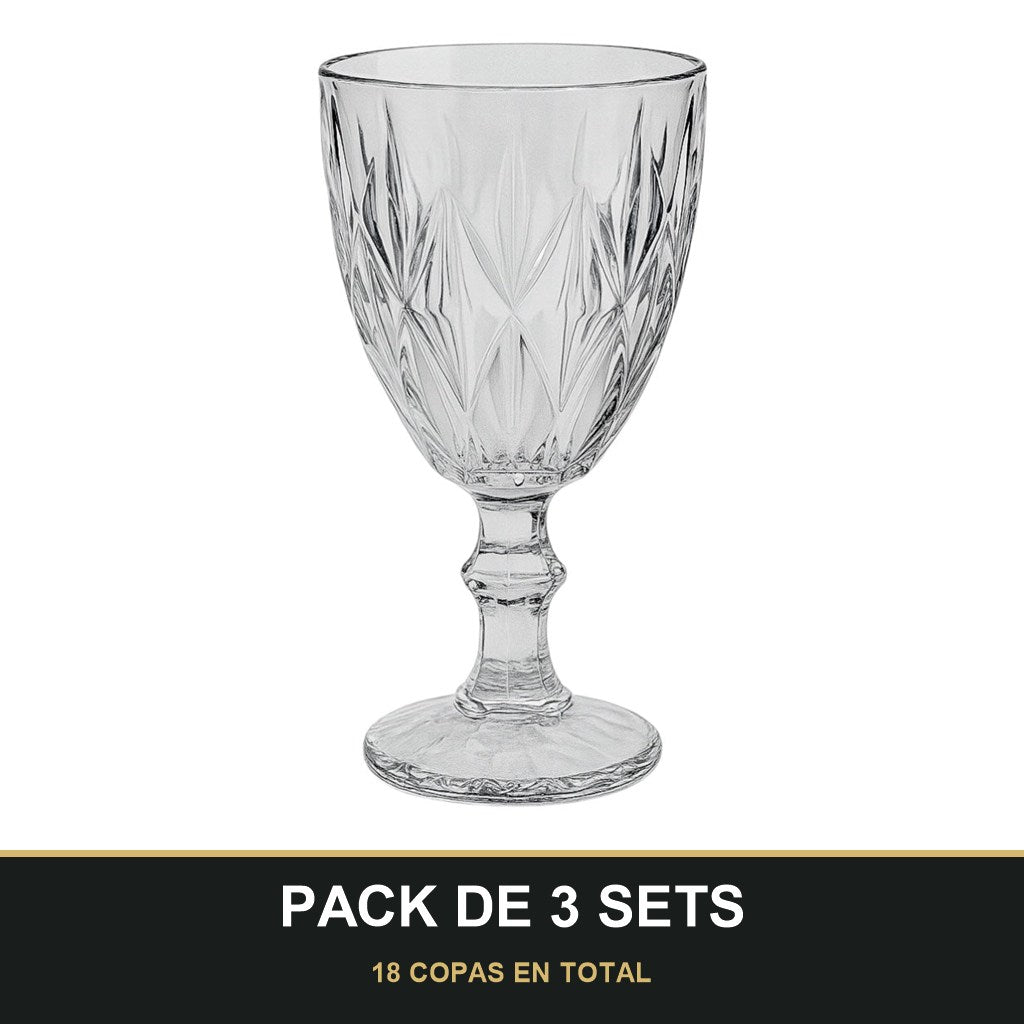 PACK DE 3 SETS — Set de 6 Copas de Vidrio con Diseño Tallado – 330 ml. 18 COPAS EN TOTAL
