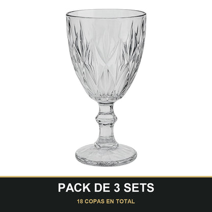 PACK DE 3 SETS — Set de 6 Copas de Vidrio con Diseño Tallado – 330 ml. 18 COPAS EN TOTAL
