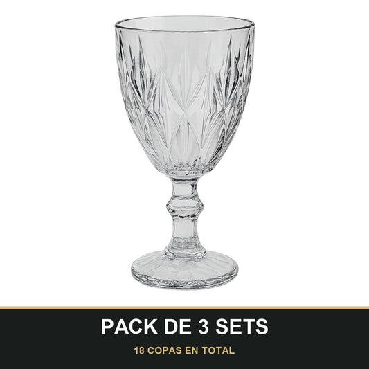 PACK DE 3 SETS — Set de 6 Copas de Vidrio con Diseño Tallado – 330 ml. 18 COPAS EN TOTAL