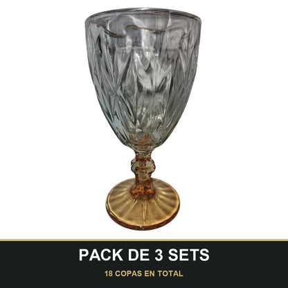 PACK DE 3 SETS — Set de 6 Copas de Cristal Tallado con Pie Dorado – 330 ml. 18 COPAS EN TOTAL