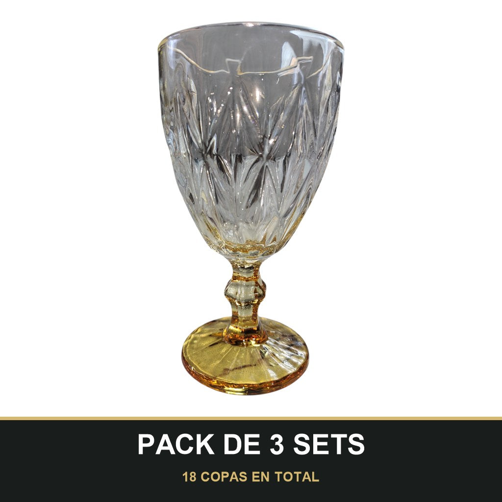 PACK DE 3 SETS — Set de 6 Copas de Cristal Tallado con Pie Dorado – 330 ml. 18 COPAS EN TOTAL
