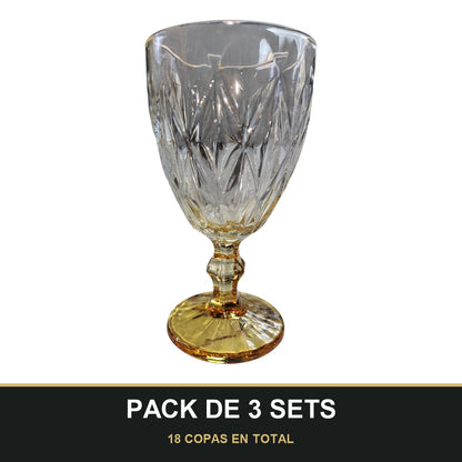 PACK DE 3 SETS — Set de 6 Copas de Cristal Tallado con Pie Dorado – 330 ml. 18 COPAS EN TOTAL