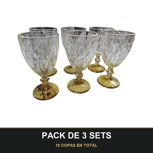 PACK DE 3 SETS — Set de 6 Copas de Cristal Tallado con Pie Dorado – 330 ml. 18 COPAS EN TOTAL