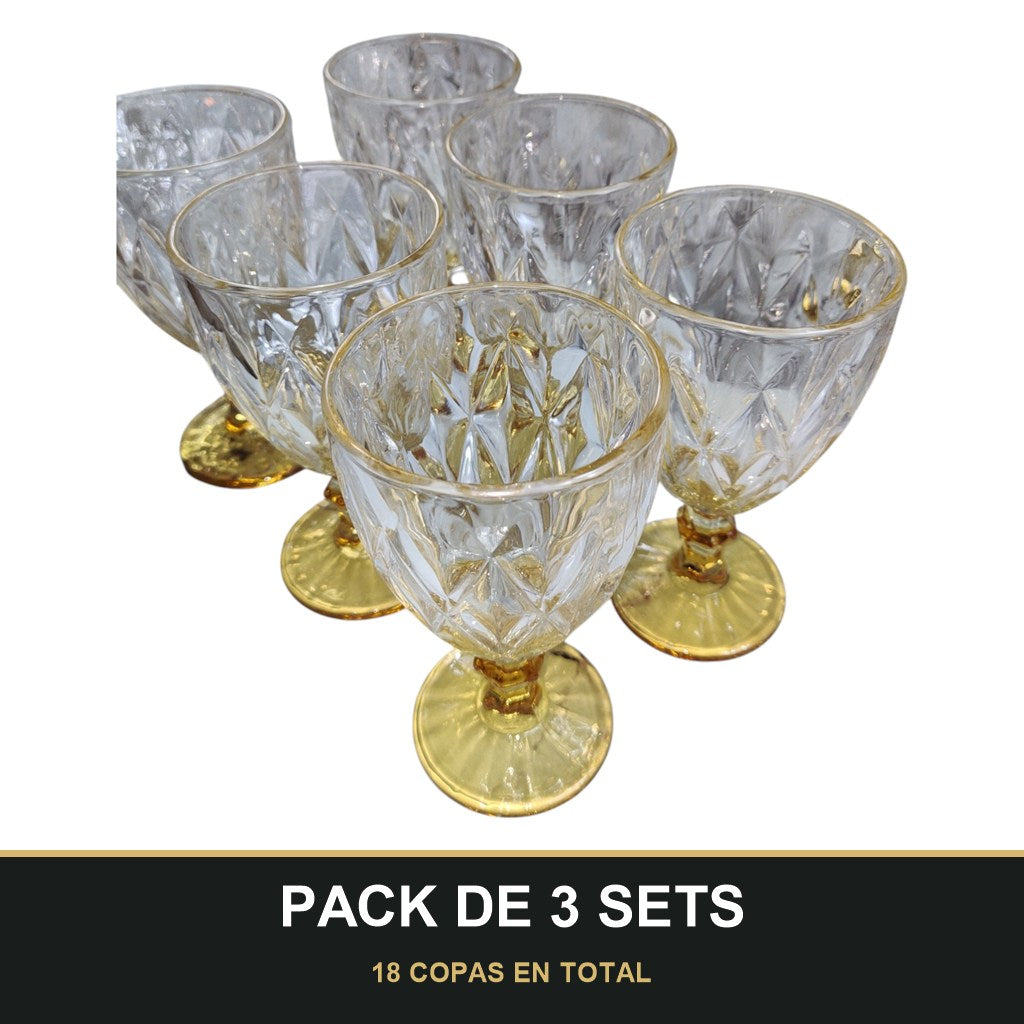 PACK DE 3 SETS — Set de 6 Copas de Cristal Tallado con Pie Dorado – 330 ml. 18 COPAS EN TOTAL