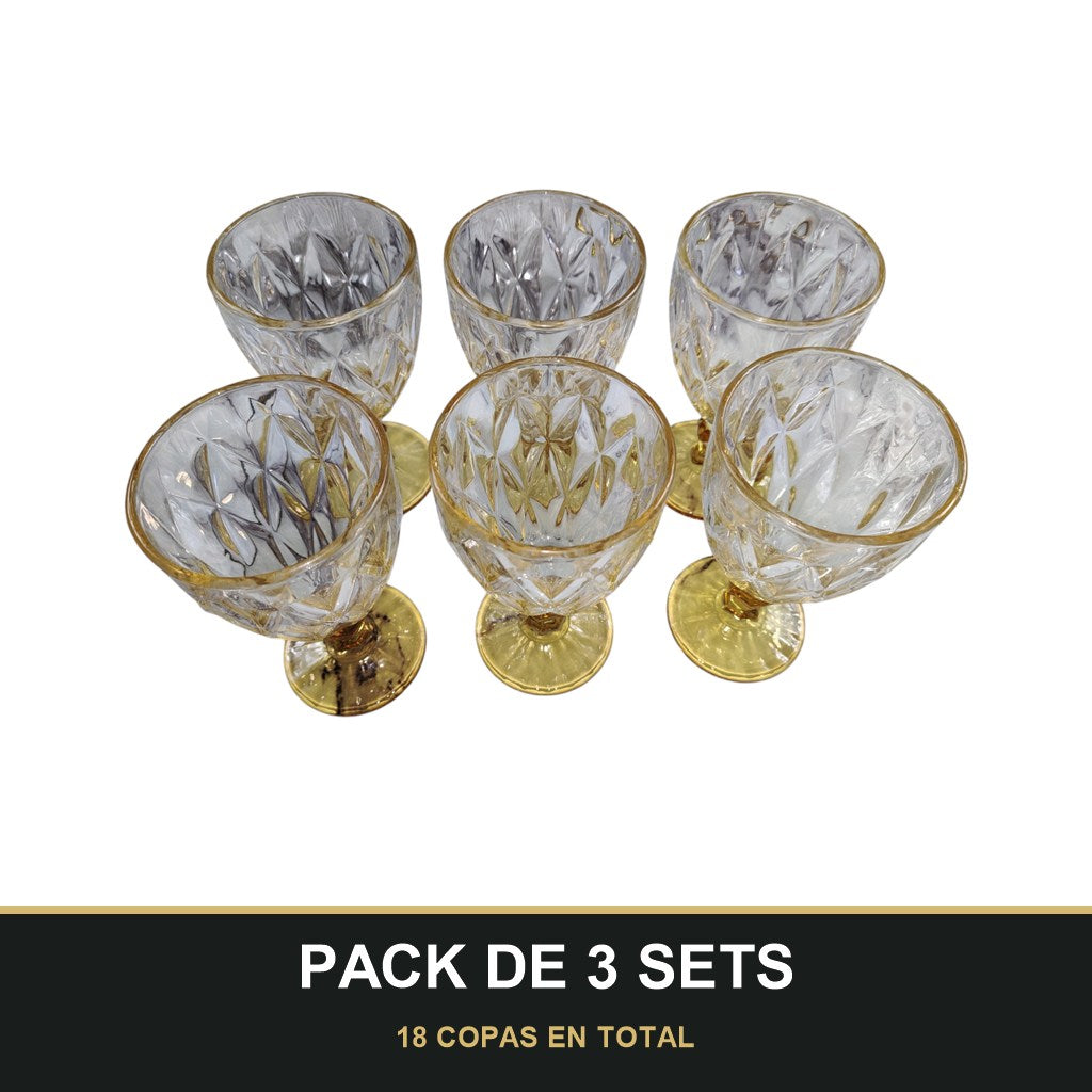 PACK DE 3 SETS — Set de 6 Copas de Cristal Tallado con Pie Dorado – 330 ml. 18 COPAS EN TOTAL