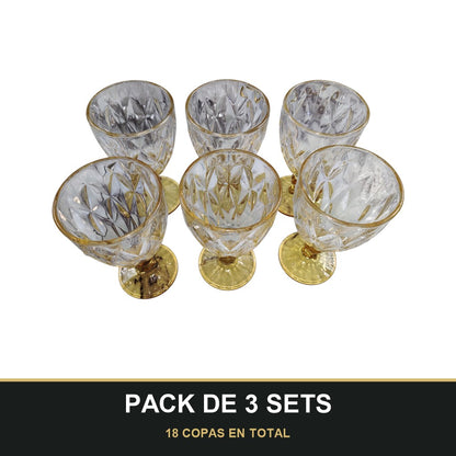 PACK DE 3 SETS — Set de 6 Copas de Cristal Tallado con Pie Dorado – 330 ml. 18 COPAS EN TOTAL