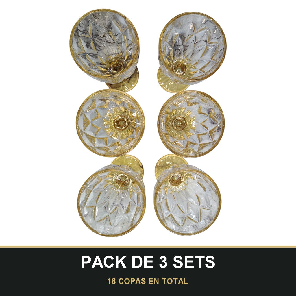 PACK DE 3 SETS — Set de 6 Copas de Cristal Tallado con Pie Dorado – 330 ml. 18 COPAS EN TOTAL