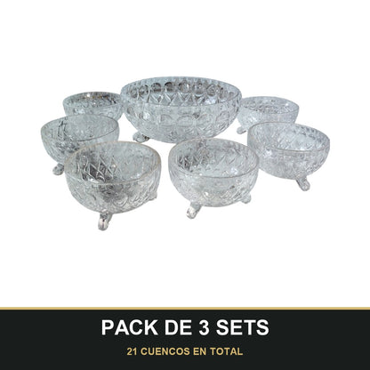 PACK DE 3 SETS — Set de 7 Cuencos de Cristal Tallado. 21 CUENCOS EN TOTAL