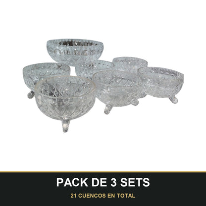 PACK DE 3 SETS — Set de 7 Cuencos de Cristal Tallado. 21 CUENCOS EN TOTAL