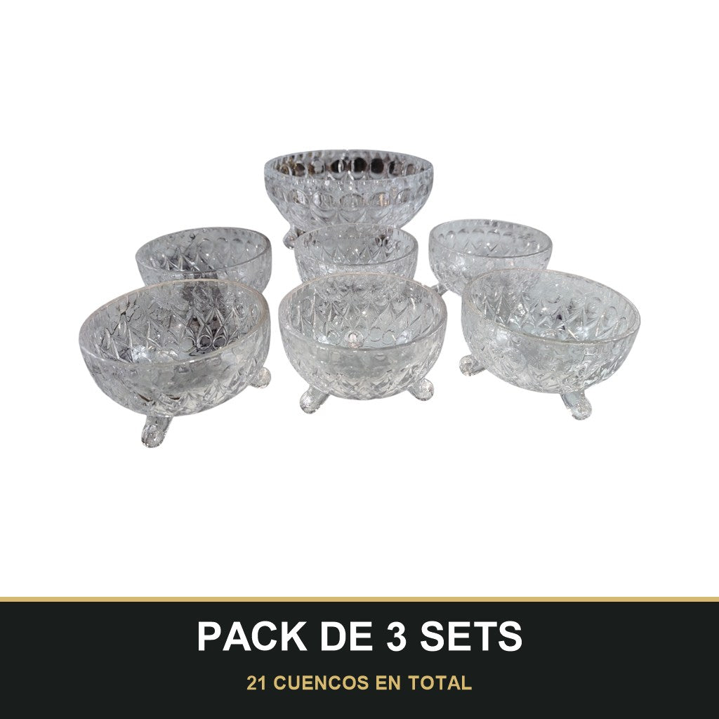 PACK DE 3 SETS — Set de 7 Cuencos de Cristal Tallado. 21 CUENCOS EN TOTAL