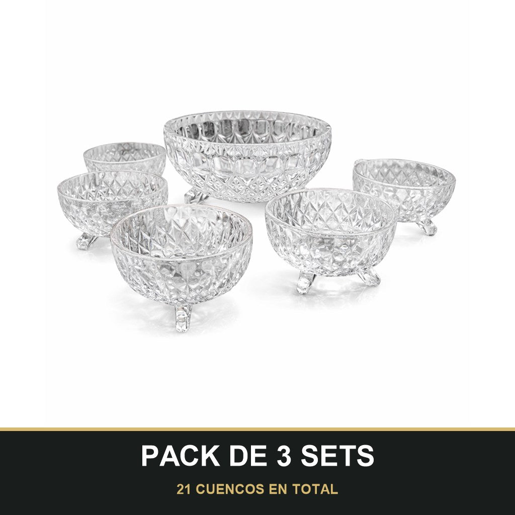 PACK DE 3 SETS — Set de 7 Cuencos de Cristal Tallado. 21 CUENCOS EN TOTAL