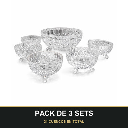 PACK DE 3 SETS — Set de 7 Cuencos de Cristal Tallado. 21 CUENCOS EN TOTAL