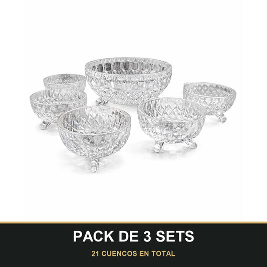 PACK DE 3 SETS — Set de 7 Cuencos de Cristal Tallado. 21 CUENCOS EN TOTAL